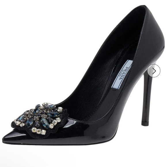 NWOT Prada Black Patent Leather Embellished Pointed Toe Pumps Size 40.5 - Picture 1 of 11